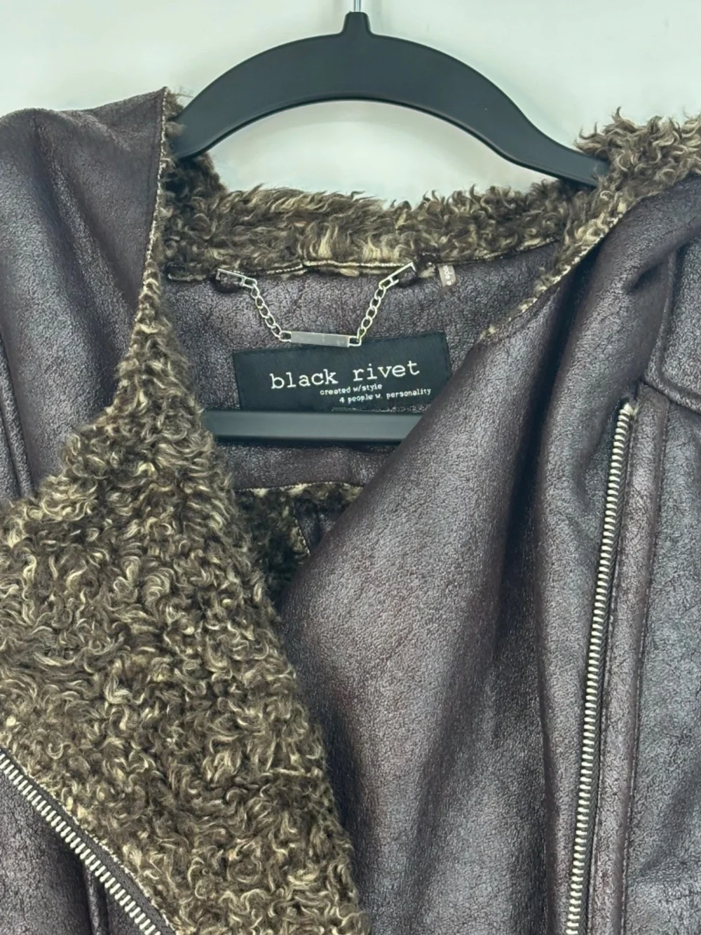 Black Rivet Womens XL Zip Front Hooded Moto Vest Brown Faux Leather Fur Trim
